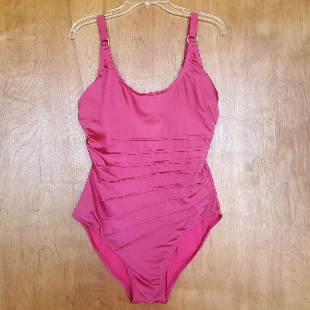 Calvin Klein Starburst Pleated One Piece Swimsuit 16 Pink Colorful Bathing Suit